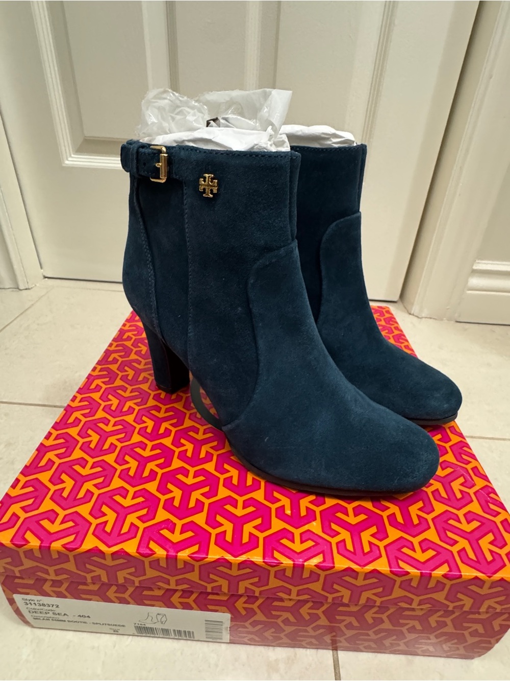 Tory Burch Milan 85MM Booties in Deep Navy Suede with Gold Logo